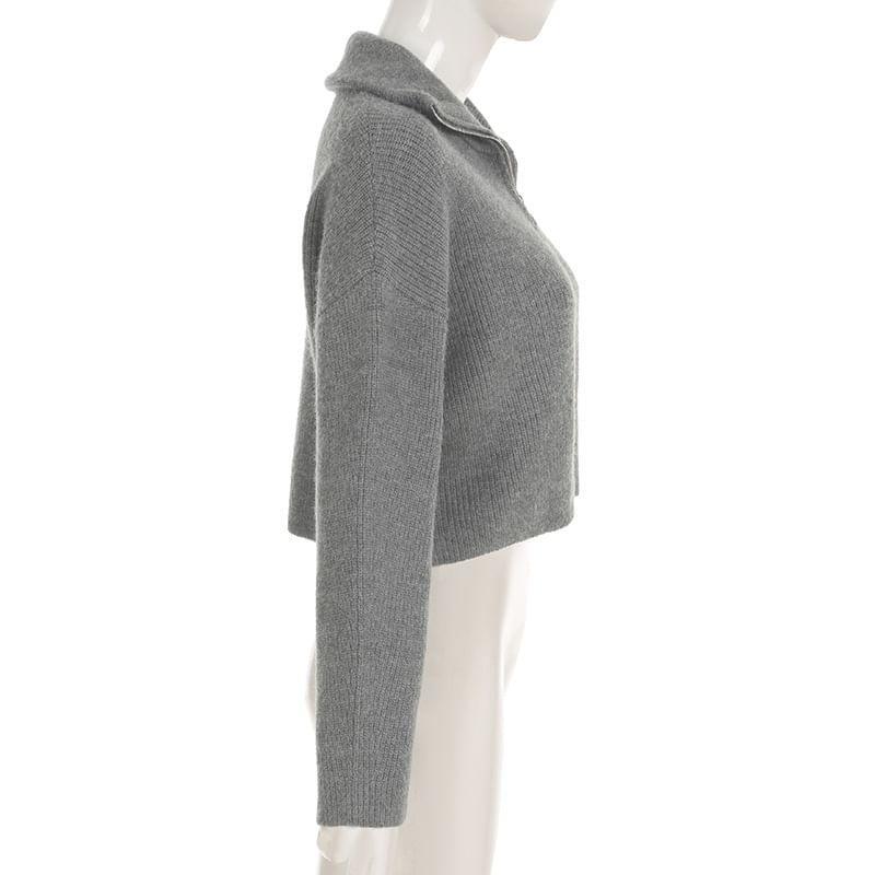 Stand Collar Plain Ribbed Knit Zip Up Cropped Cardigan Product Image