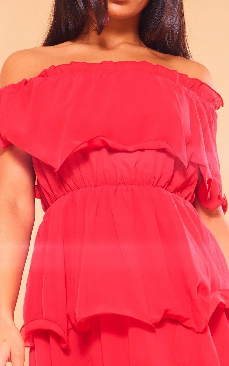 Red Chiffon Bardot Ruffle Tiered Dress Product Image