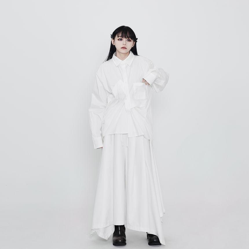 Long-Sleeve Plain Asymmetrical Oversized Shirt Product Image