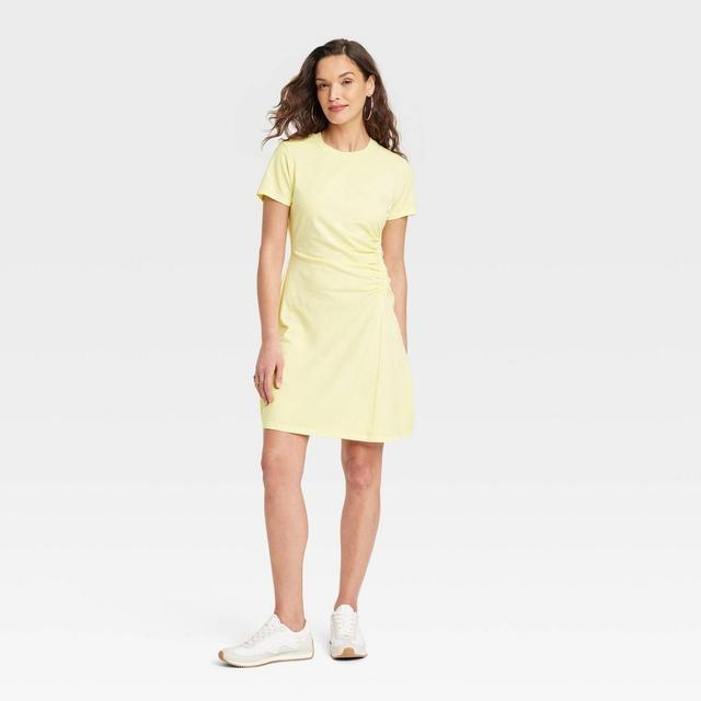 Womens Short Sleeve Ruched Knit Mini T-Shirt Dress - Universal Thread Yellow L Product Image