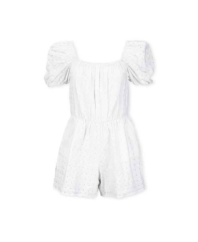 Hope & Henry Womens Organic Cotton Puff Sleeve Eyelet Romper, Womens Product Image