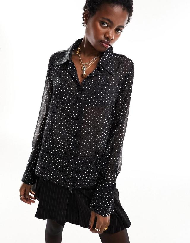 Monki long sleeve shirt in black mono dot print Product Image