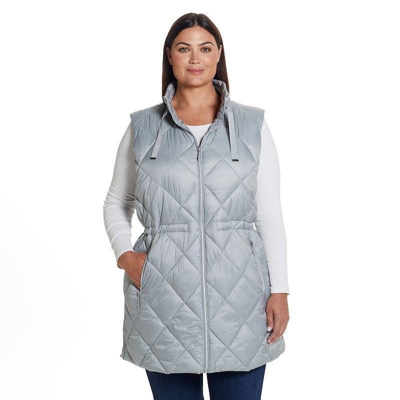 Plus Size Weathercast Diamond Quilted Puffer Longline Vest with Cinched Waist, Womens Product Image