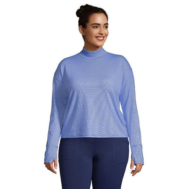 Plus Size Lands End Performance Mockneck Tee, Womens Blue Pinstripe Product Image