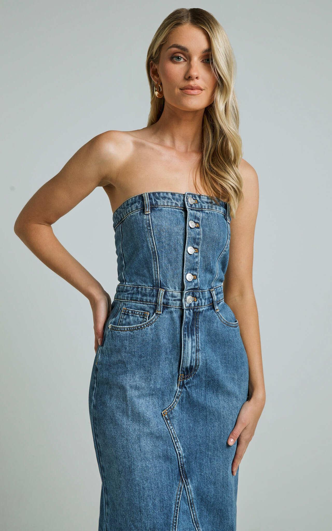 Keyla Midi Dress - Denim Strapless Button Front Shirred Back in Mid Blue Wash Product Image