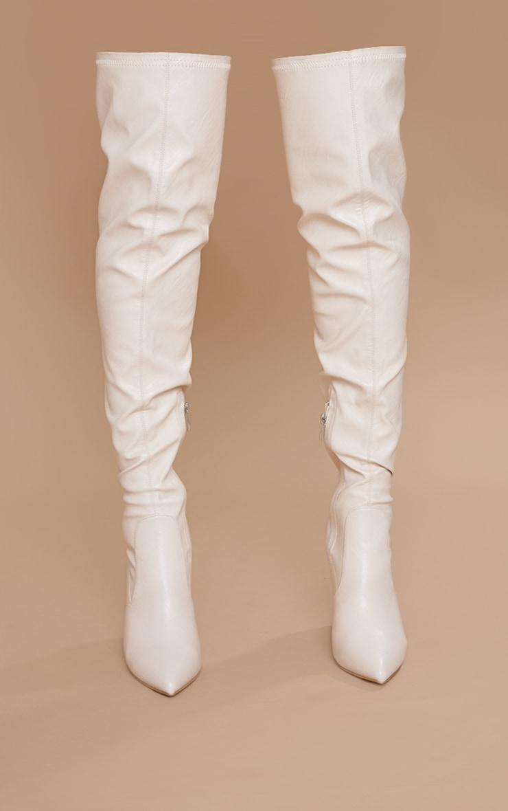 Cream Block Heel PU Thigh High Boots Product Image