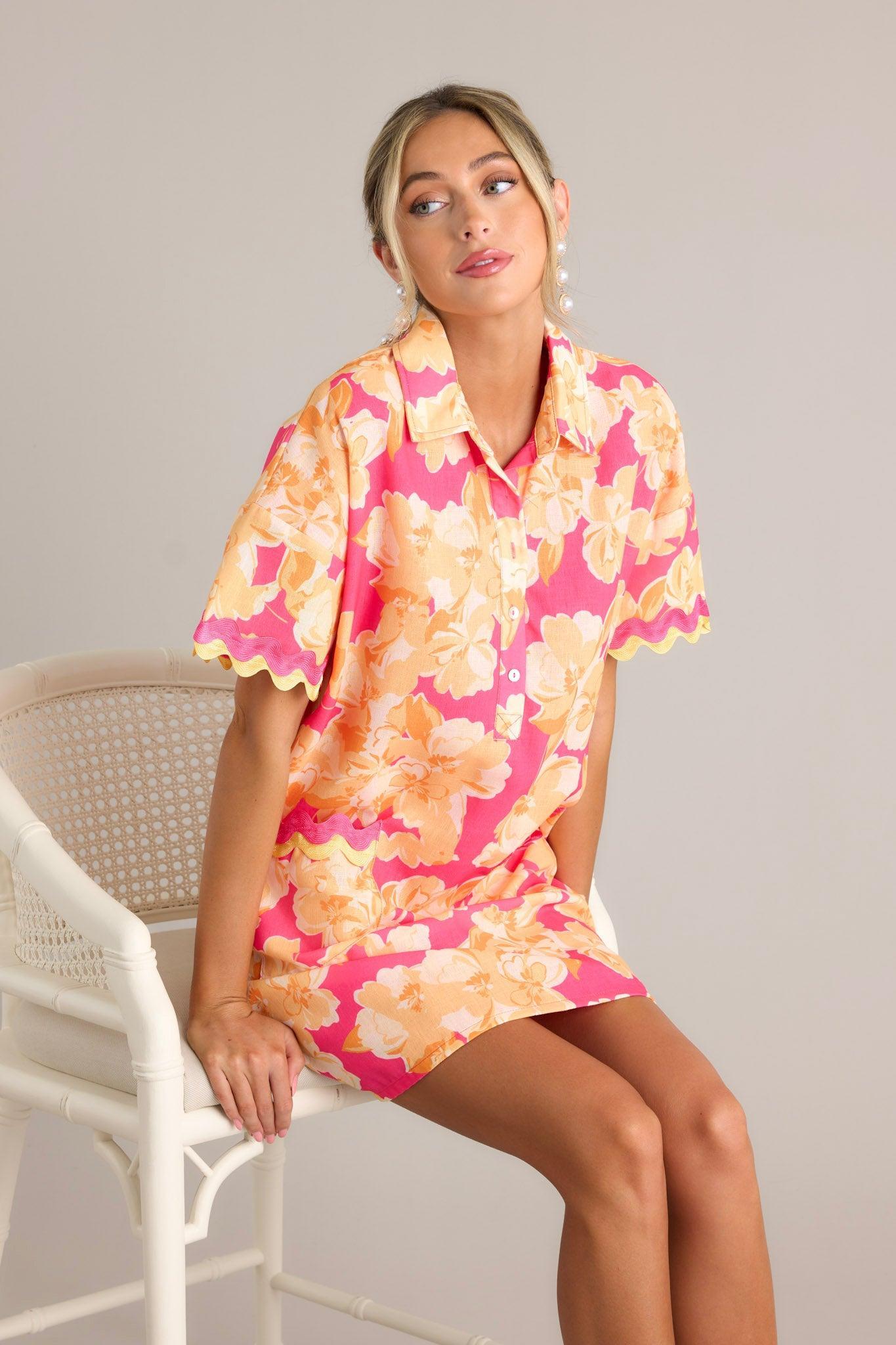 Seaside Serenity Pink Multi Floral Mini Shirt Dress Product Image