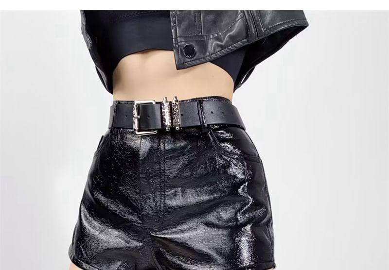 High Waist Plain Faux Leather Shorts Product Image