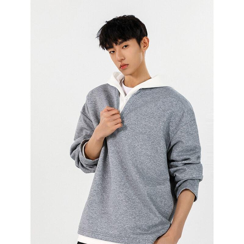 Mock Two-Piece Long-Sleeve Two-Tone Hoodie Product Image