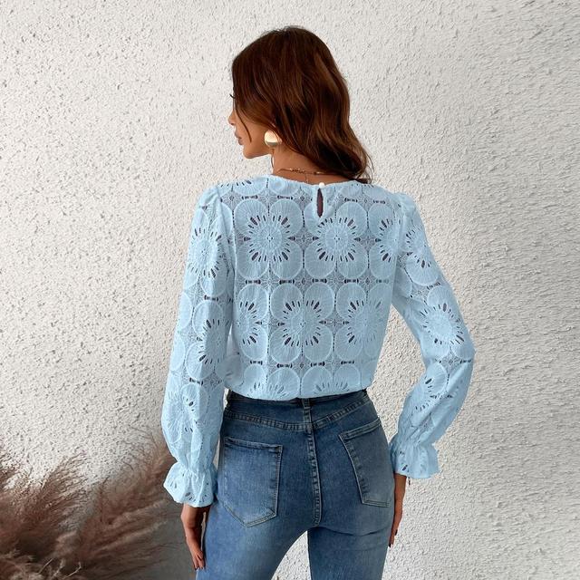 Women's Long Sleeve Embroidered Floral Eyelet Blouse Shirt- Cupshe-XL-Blue Product Image