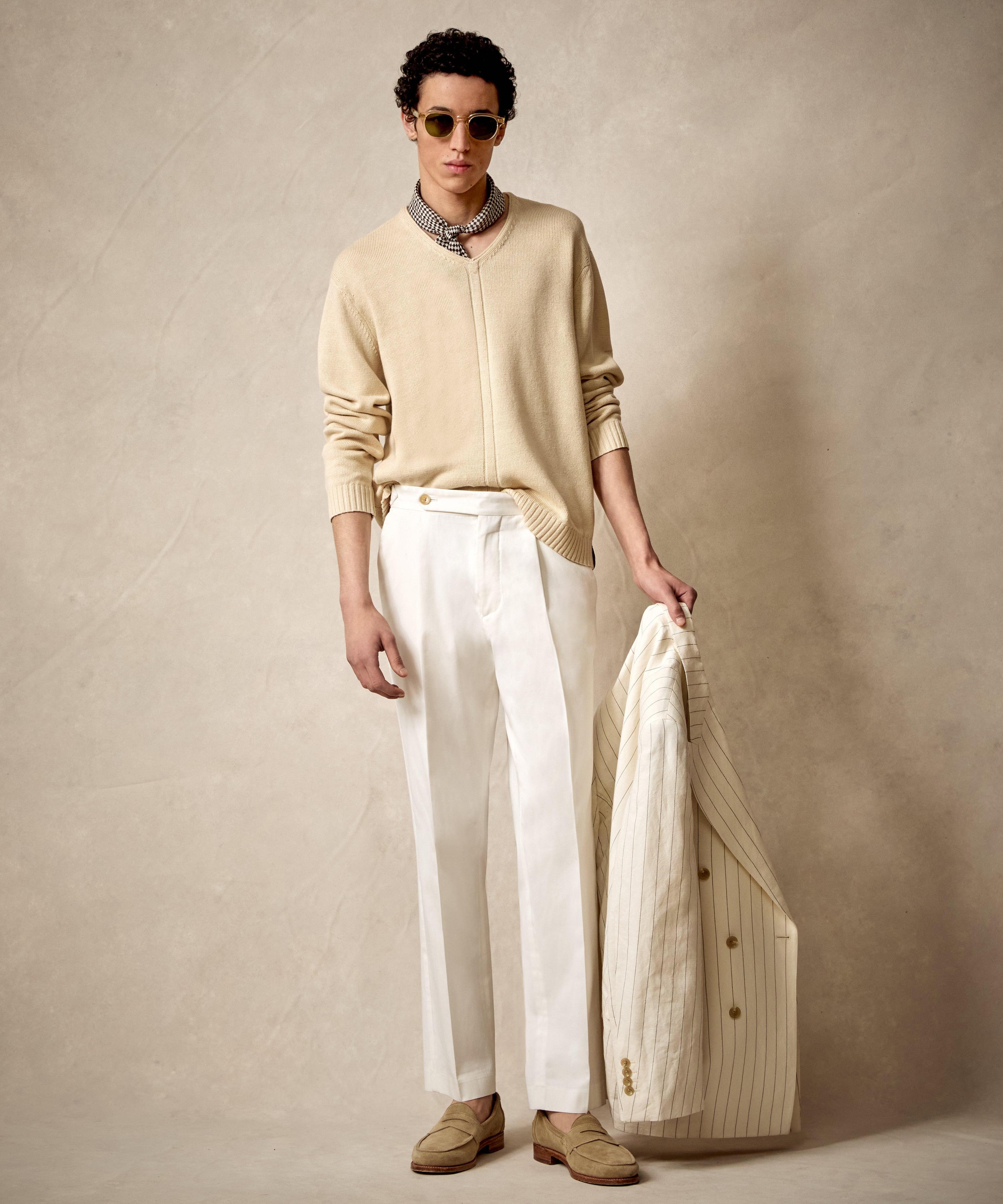 Linen Cotton V-Neck Sweater in Bisque Product Image