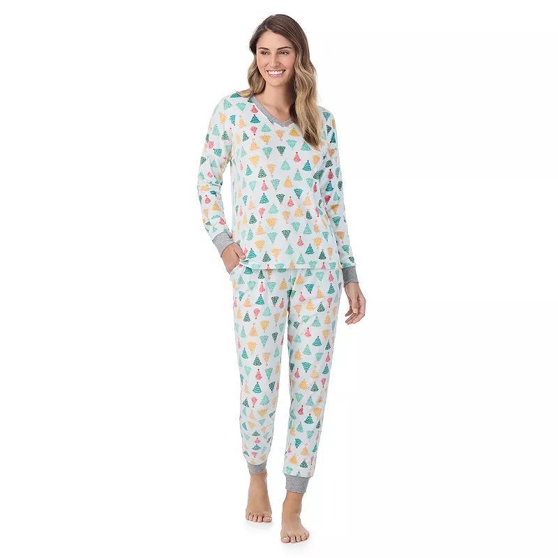 Womens Cuddl Duds Long Velour Fleece V-Neck Pajama Top & Pajama Bottoms Set Green Trees Product Image