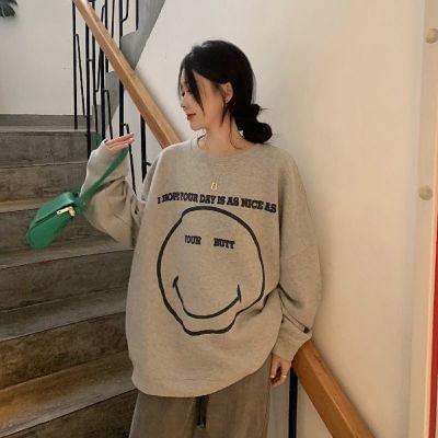 Round Neck Lettering Smiley Face Print Oversized Pullover Product Image