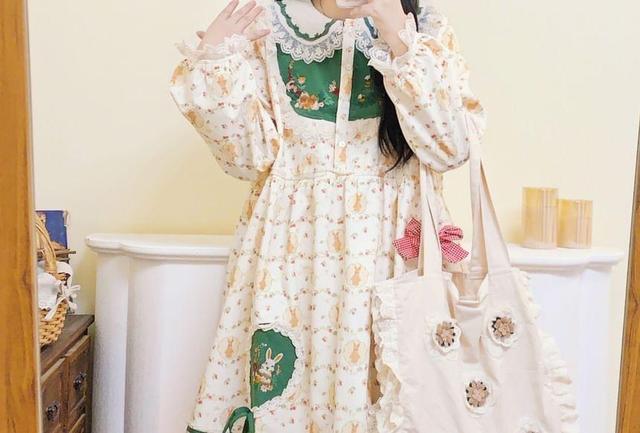 Long-Sleeve Collar Rabbit Print Embroidered Lace Trim Midi A-Line Dress Product Image