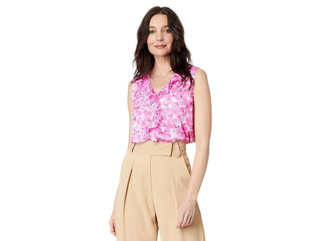 Vince Camuto V-Neck Ruffle Front Blouse (Hot Pink) Women's Clothing Product Image