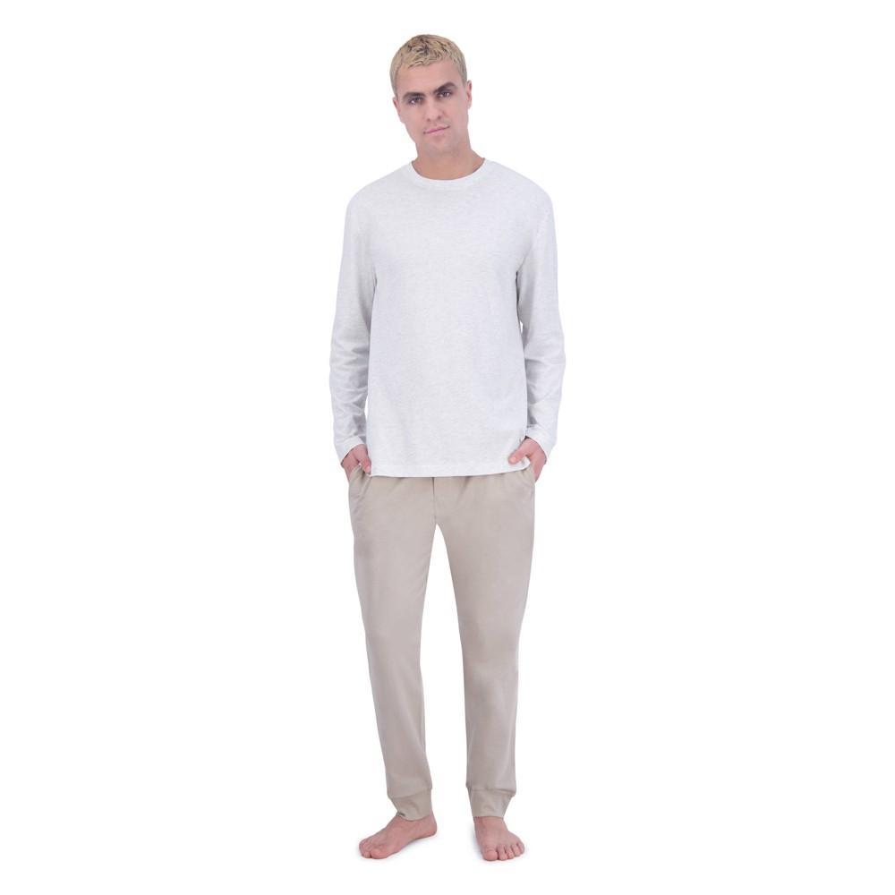 Hanes Originals Mens 2pc Super Soft French Terry Joggers + Long Sleeve Slub Crewneck Sleep Pajama Set - Oatmeal Heather/Sand XXL Product Image