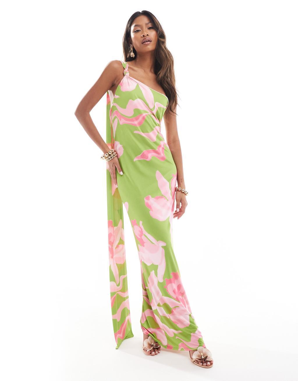 ASOS DESIGN one shoulder knot maxi dress with scarf back detail in oversized green floral print Product Image