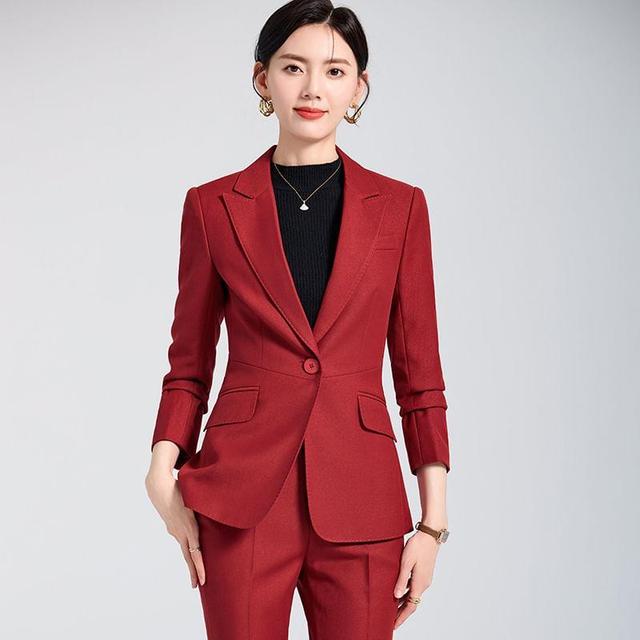 Lapel Collar Plain Single Breasted Blazer / Mid Rise Plain Dress Pants Product Image