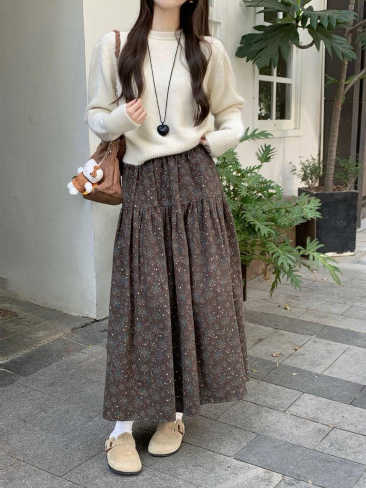 Elastic Waist Floral Midi A-Line Skirt Product Image