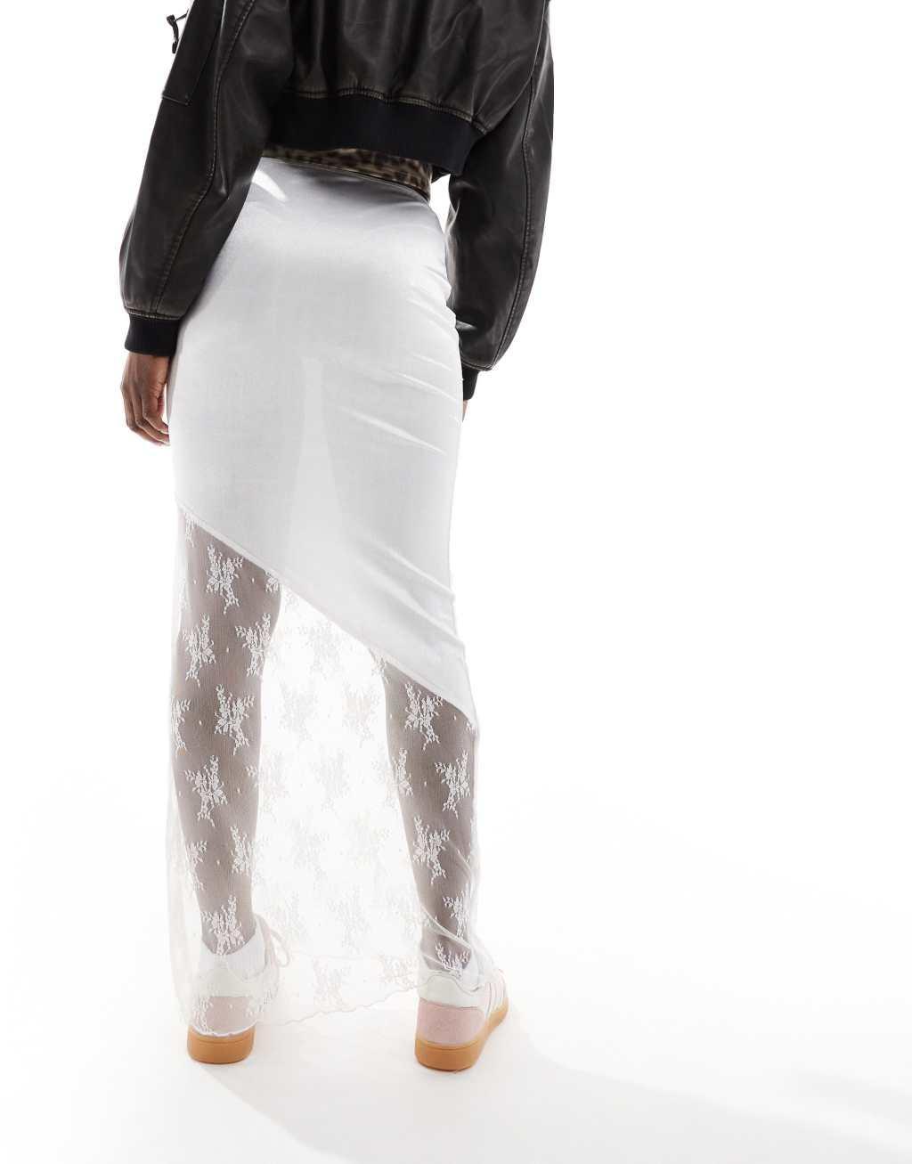 ASOS DESIGN satin maxi skirt with lace insert in ivory Product Image