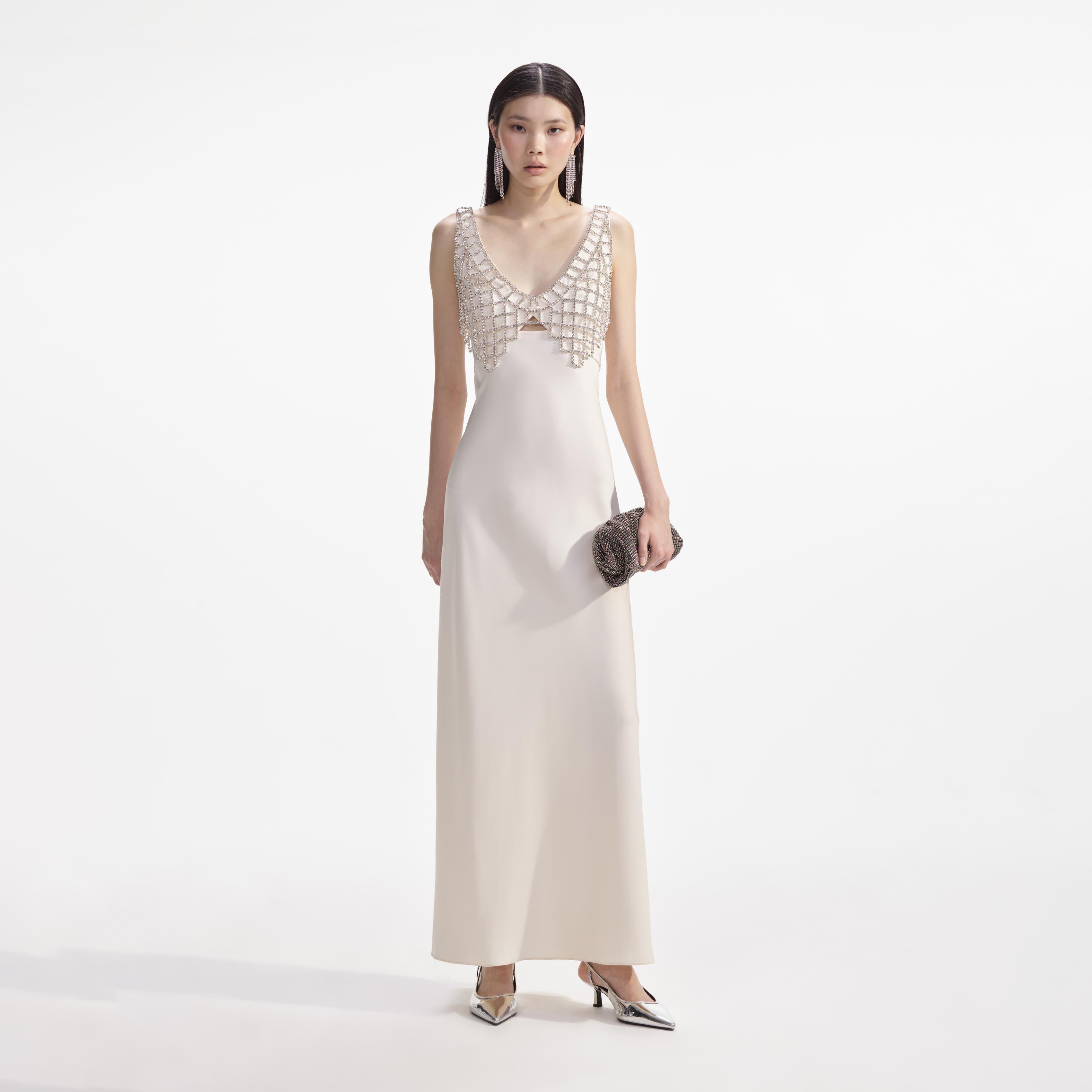 Cream Satin Diamante Bralette Maxi Dress Product Image