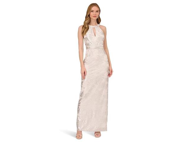 Adrianna Papell Long Sleeveless Foiled Halter Gown (Ivory/Silver) Women's Dress Product Image