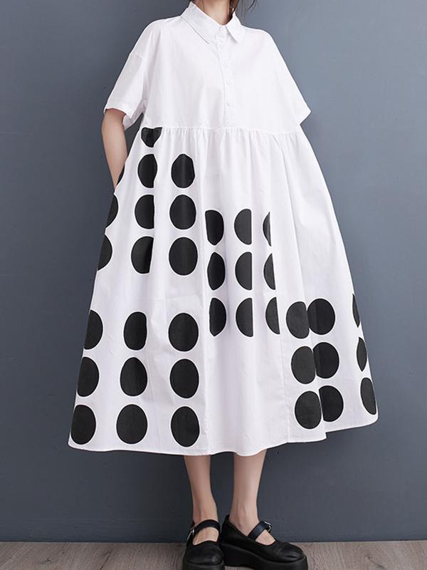 A-Line Loose Buttoned Pockets Polka Dot Printed Lapel Midi Dresses Product Image