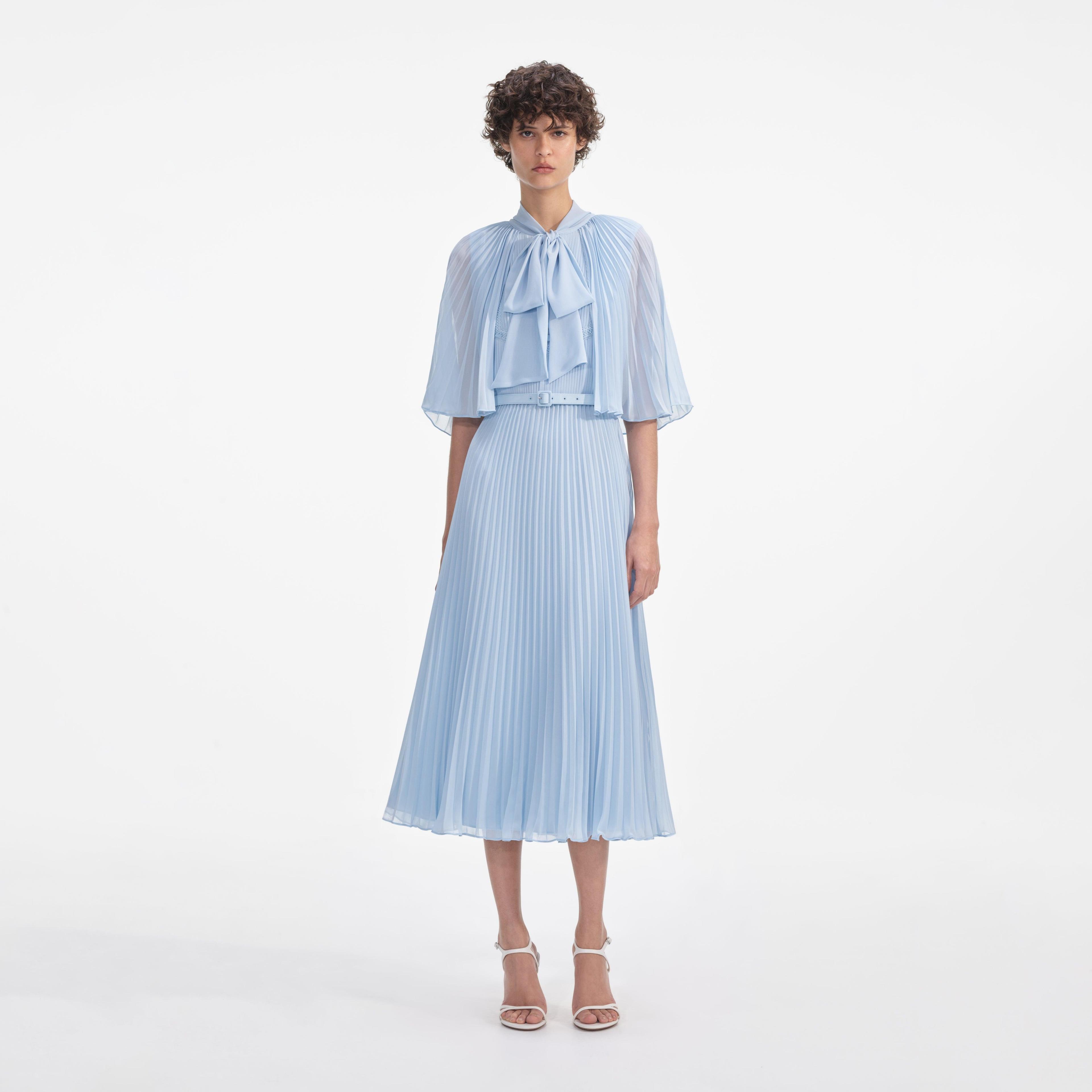 Blue Chiffon Cape Midi Dress Product Image