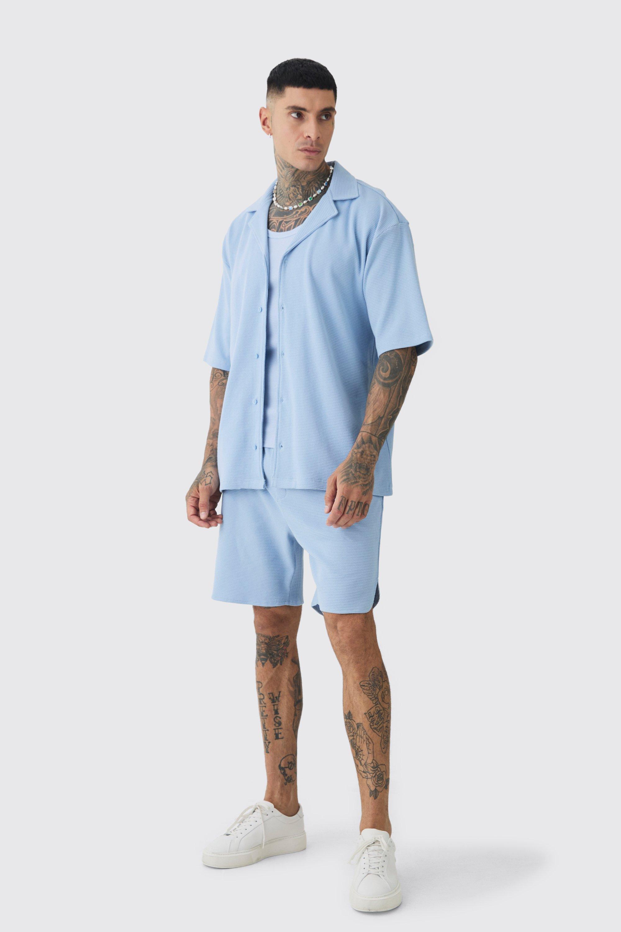 Tall Double Knit Jersey Texture Short Sleeve Shirt And Short Set | boohooMAN USA Product Image