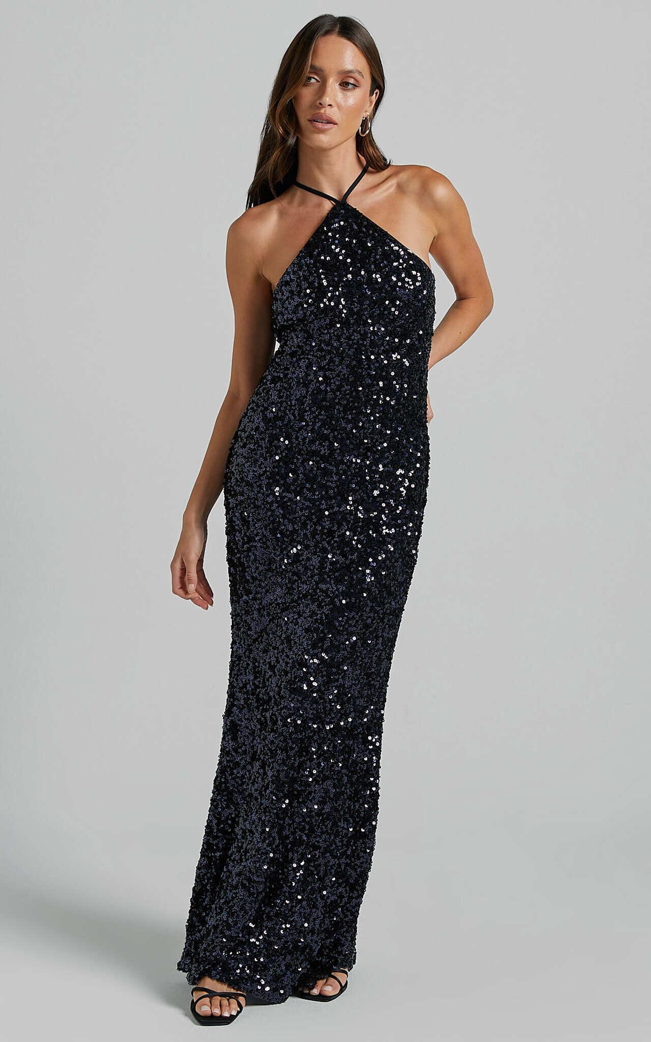 Aurora Maxi Dress - Halter Neck Bodycon Sequin in Navy Product Image