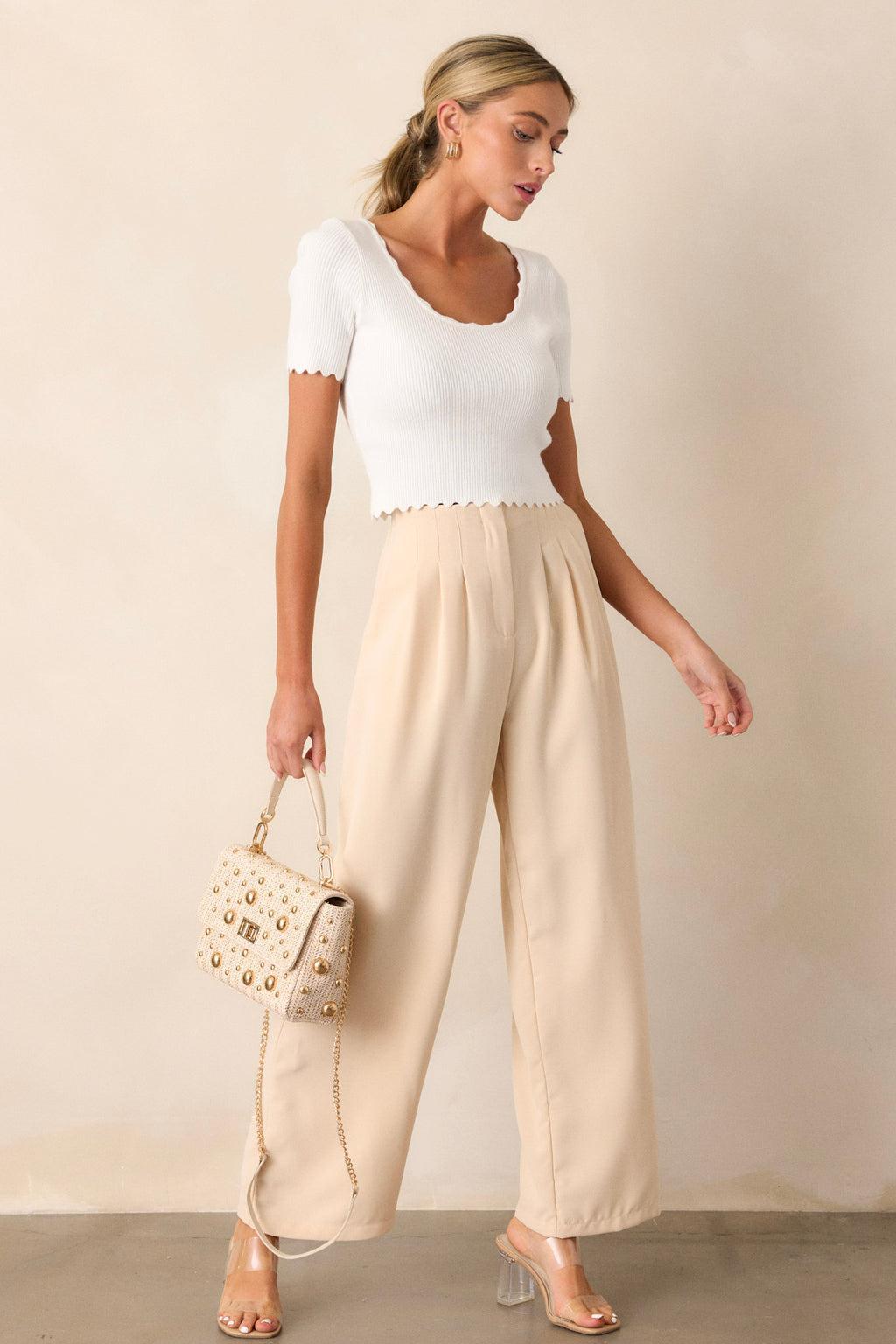 Windy Night Beige Wide Leg Pants Product Image