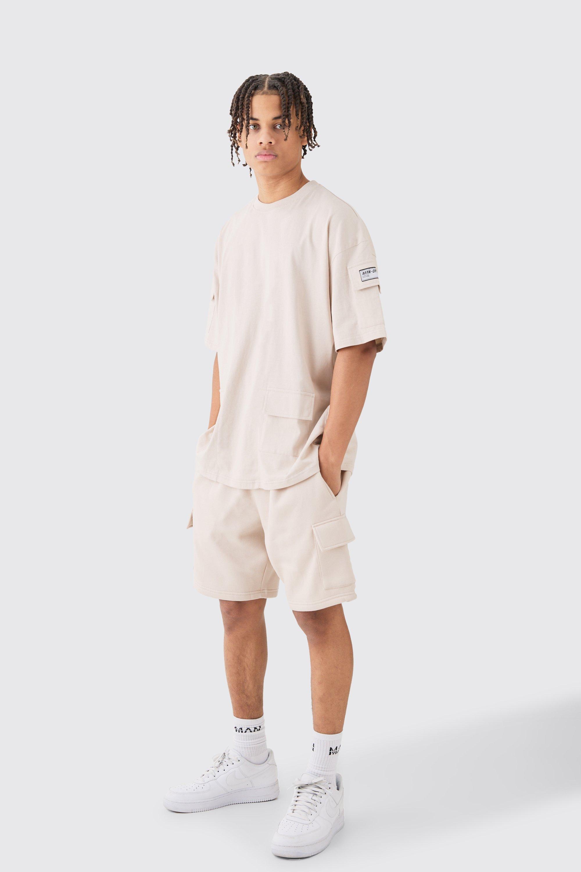 Mens Beige Oversized Cargo T-shirt And Short Set, Beige Product Image