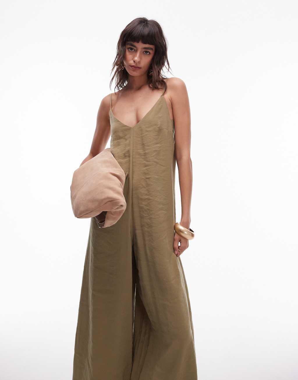 Topshop cami wide leg jumpsuit with tie back in khaki Product Image