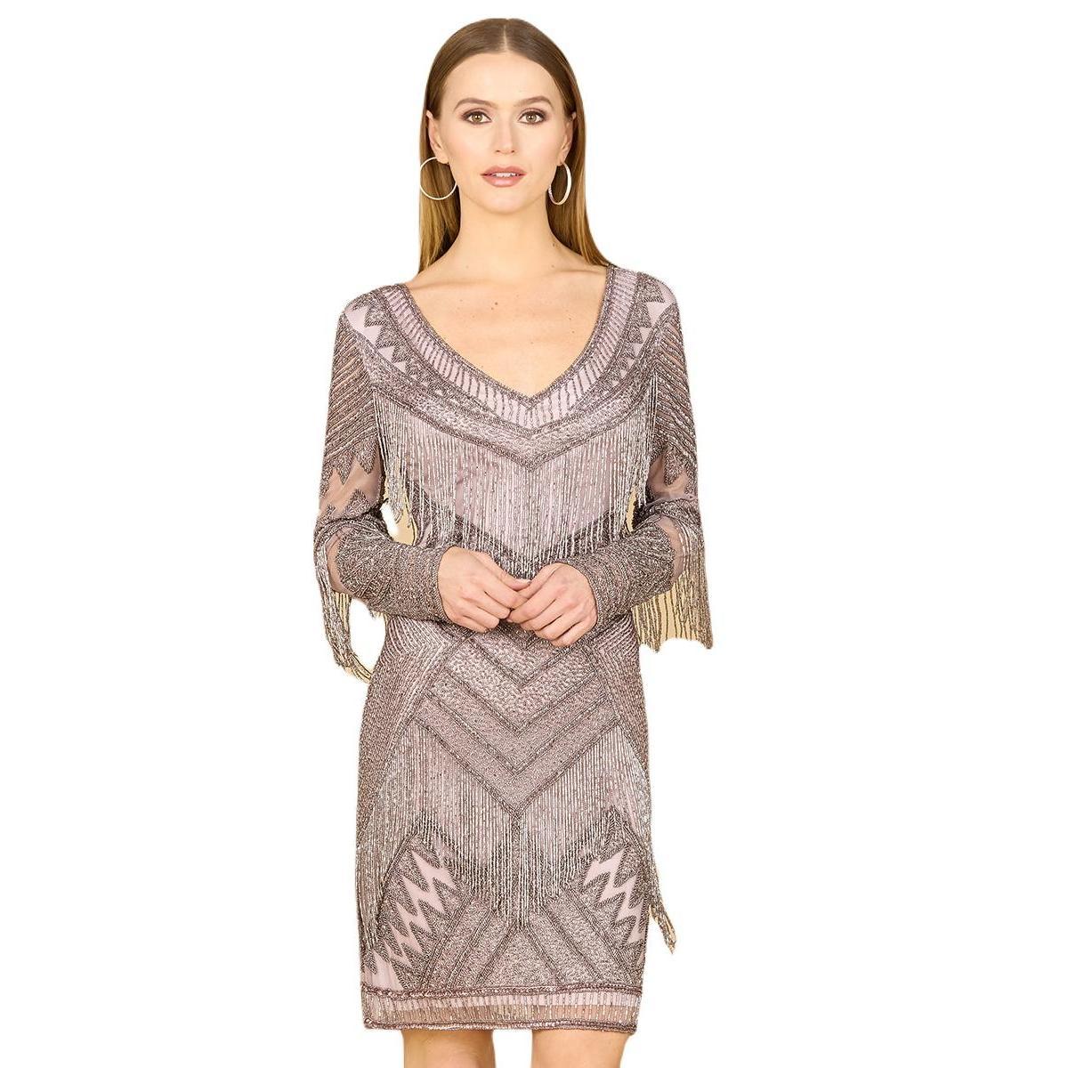 Womens Long Sleeve Beaded V-Neck Fringe Cocktail Mini Dress Product Image