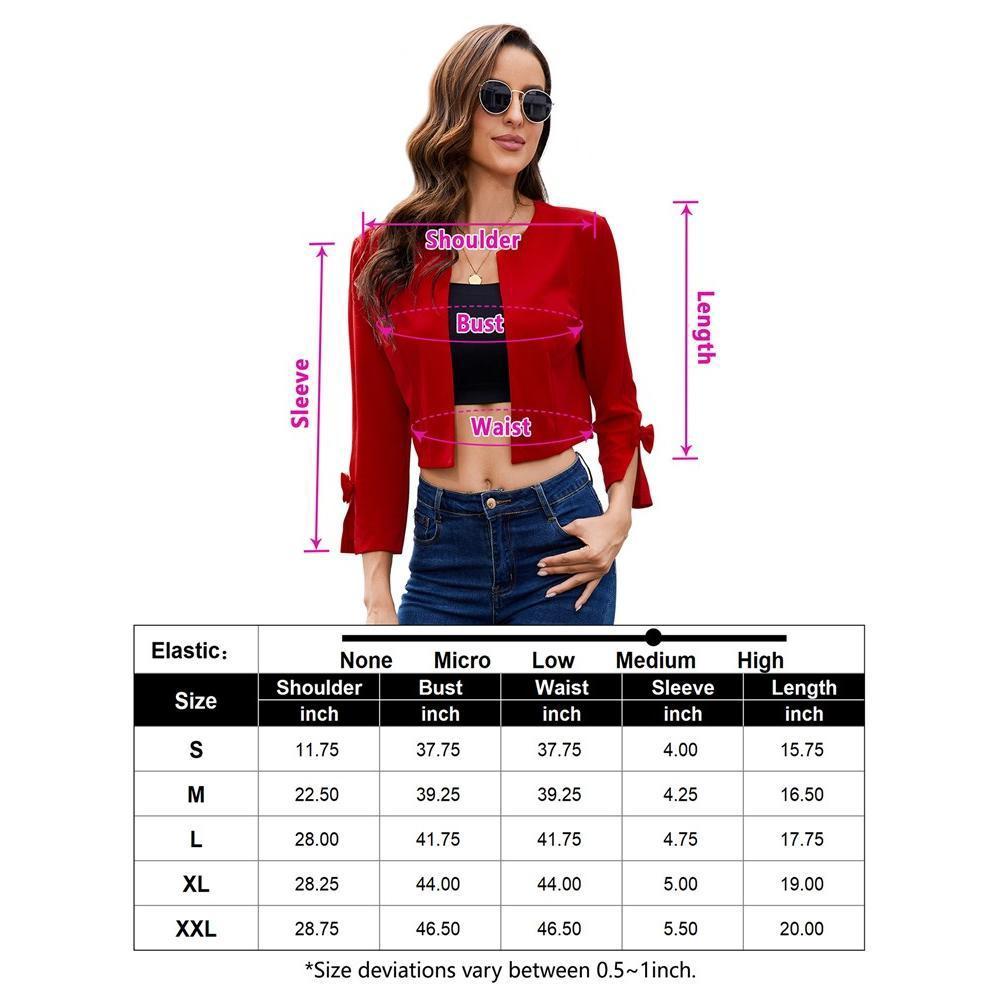 Womens Cropped Blazer Casual Bow Slit Cuff Open Front Collarless Lightweight Work Jacket Cardigan Shrug Product Image