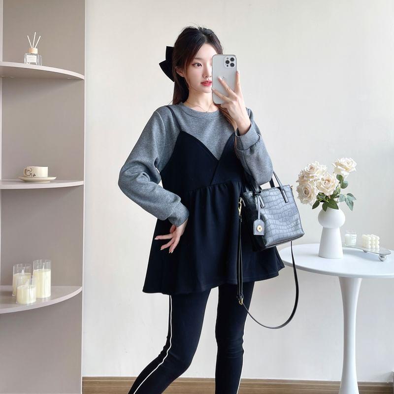 Maternity Round Neck Mock Two-Piece Two Tone Ruffle Hem Sweatshirt Product Image