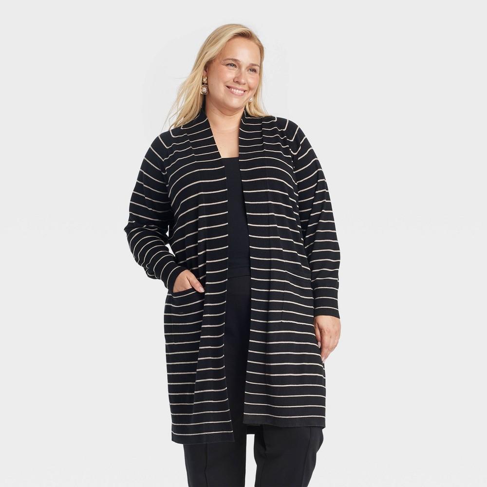 Womens Duster Cardigan - A New Day Black/Taupe Striped 3X Product Image