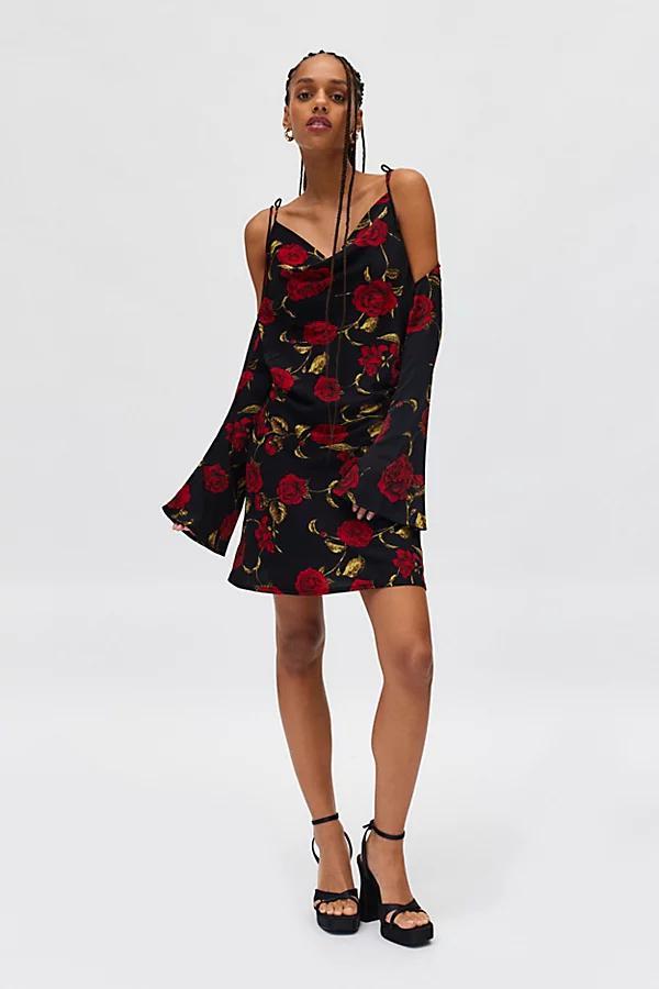 Kiss The Sky Rose Satin Cold Shoulder Bell Sleeve Mini Dress Womens at Urban Outfitters Product Image