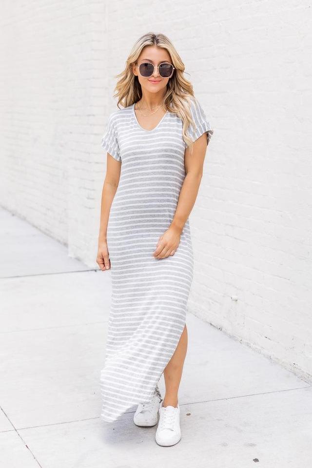 Set Yourself Free Grey/White Striped Maxi T-Shirt Dress Product Image