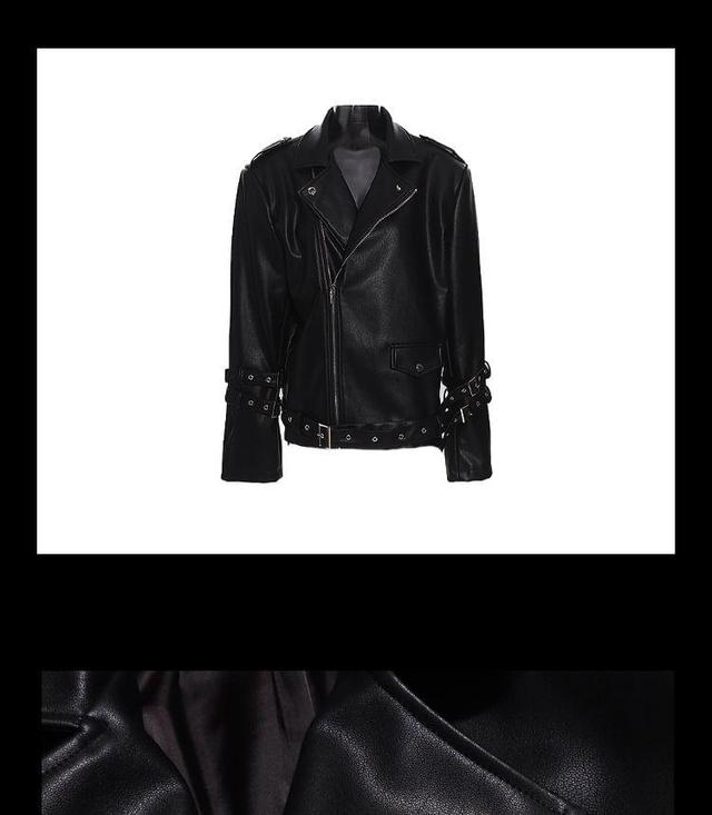 Plain Buckled Faux Leather Zip Jacket Product Image