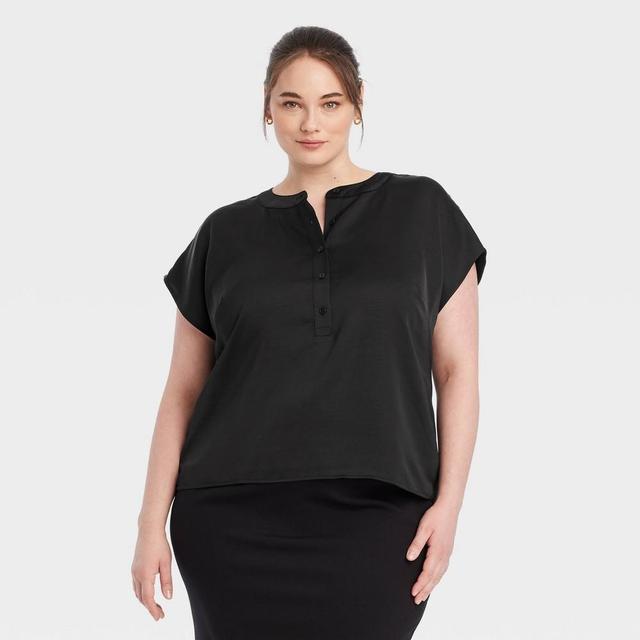 Womens Button Short Sleeve V-Neck Blouse - A New Day Black 4X Product Image