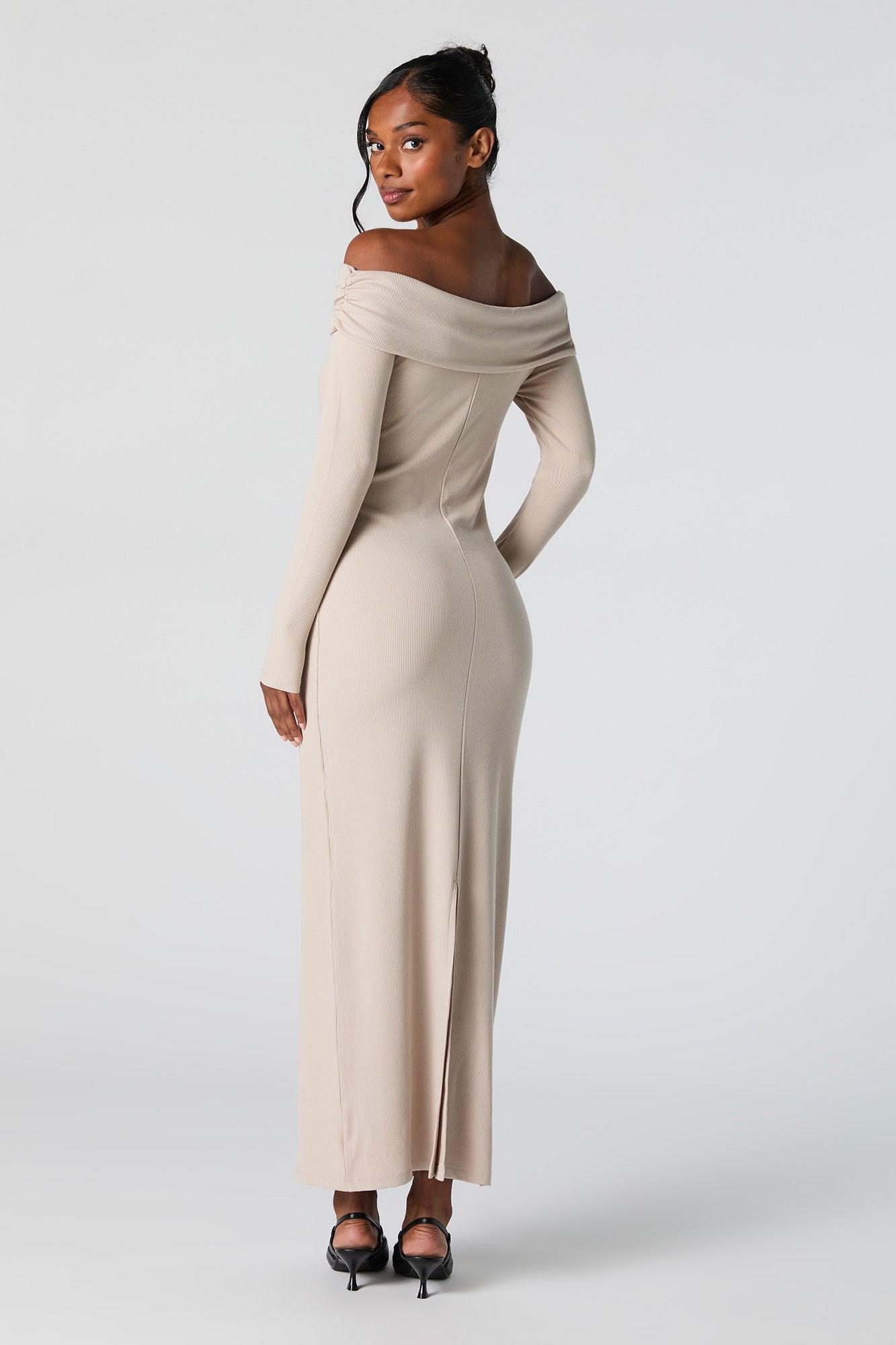 Ribbed Off Shoulder Long Sleeve Maxi Dress Female Product Image