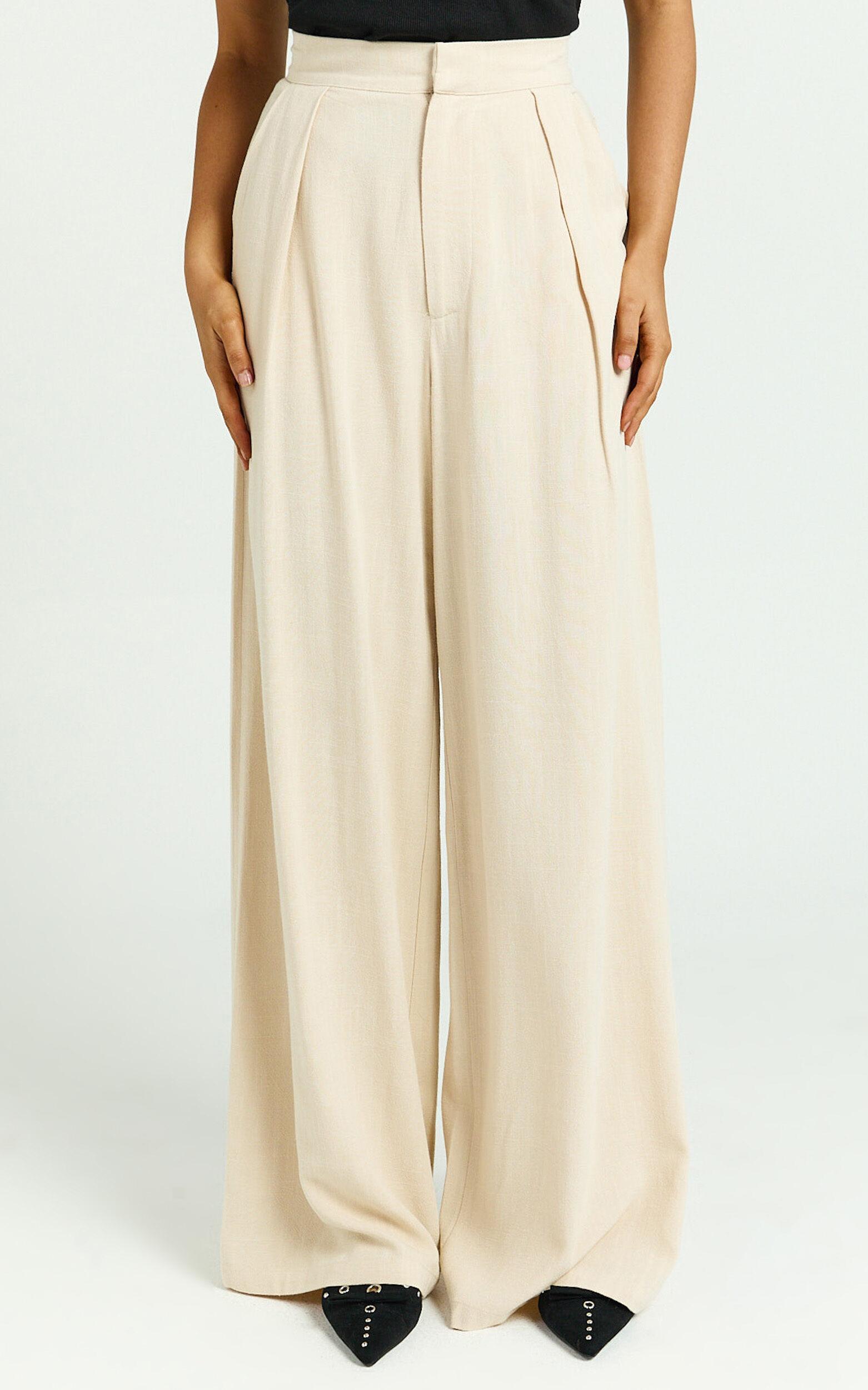 Hermione Pants - High Waist Wide Leg Pleated Palazzo Pants in Natural Product Image