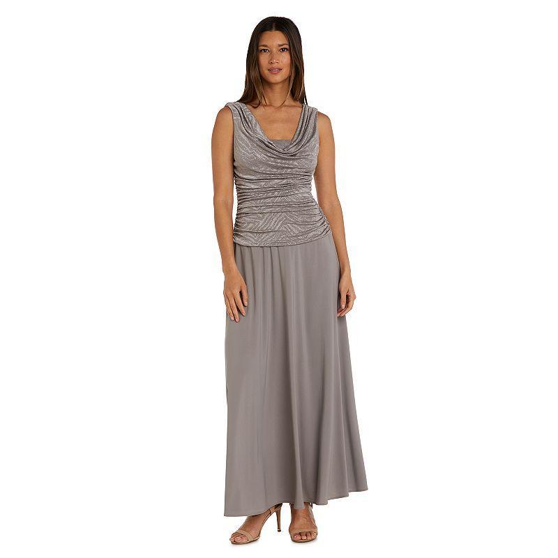 Womens R&M Richards Glitter Jacquard Knit and Jersey Ruched Bodice Long Dress Beige Product Image