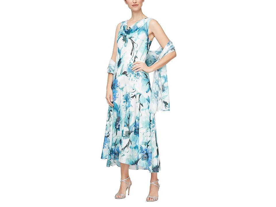 Alex Evenings Sleeveless Cowl Neck Floral Chiffon Sheath Dress Set Product Image