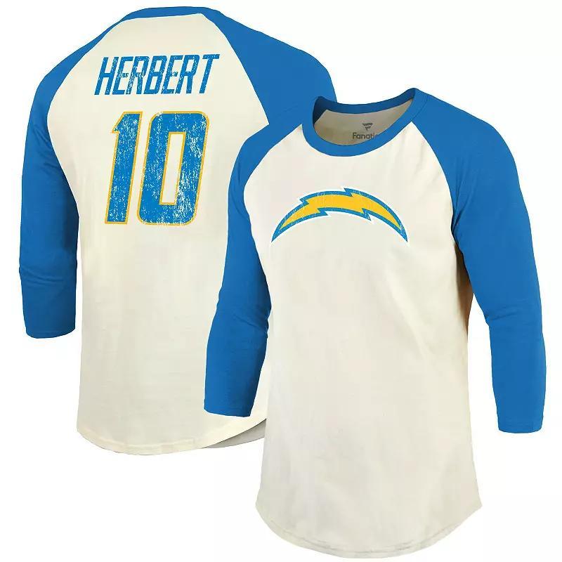 Mens Majestic Threads Justin Herbert Cream/Powder Blue Los Angeles Chargers Vintage Player Name & Number 3/4-Sleeve Fitted T-Shirt Product Image