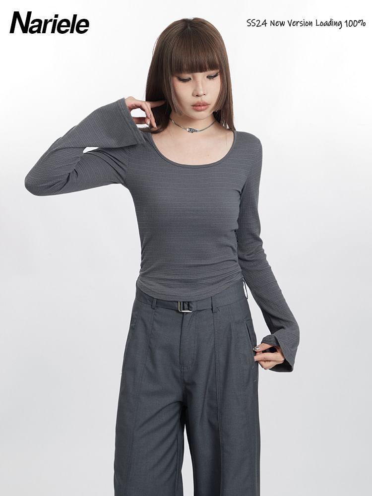 Bell Sleeve Plain Ruched Slim-Fit Top Product Image