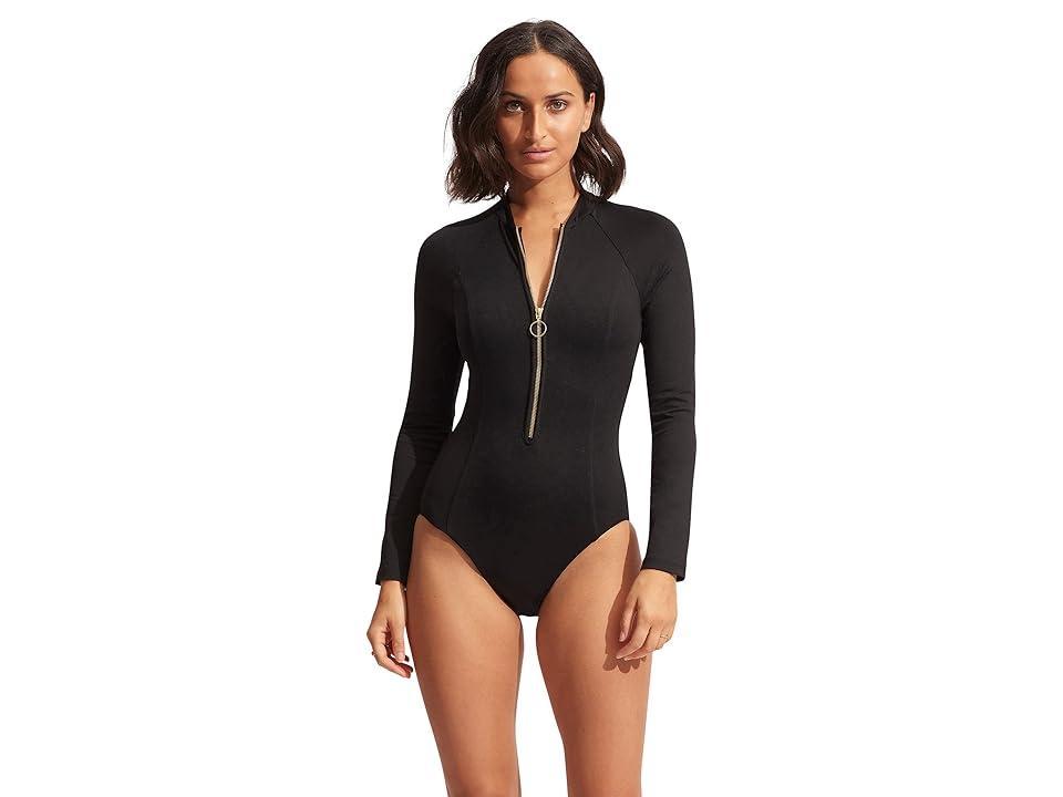 Seafolly Collective Zip Front Surf Swimsuit - Black - Black - Women - Size: UK 12 Reg Product Image