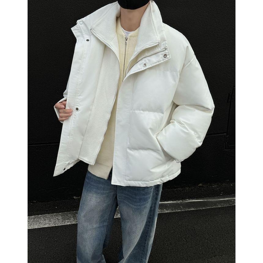 Stand Collar Mock Two-Piece Plain Zip-Up Puffer Jacket Product Image