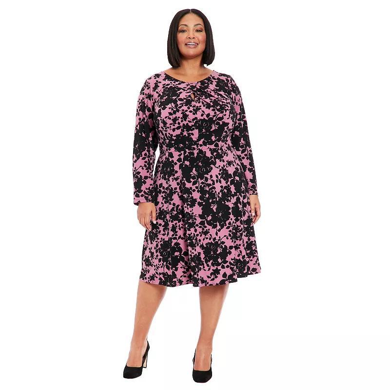 Plus Size London Times Pleated Keyhole Long Sleeve Fit & Flare Dress, Womens Product Image